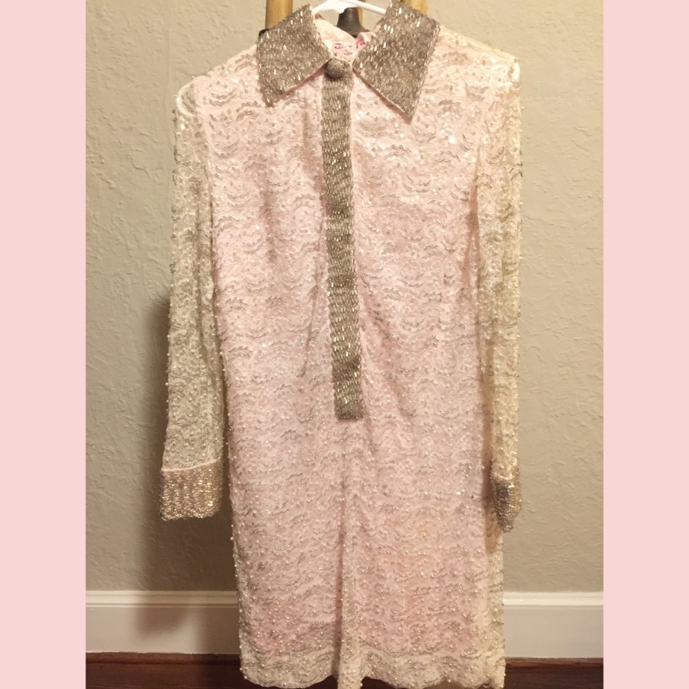 Vintage DePaul baby pink/white fully beaded gown